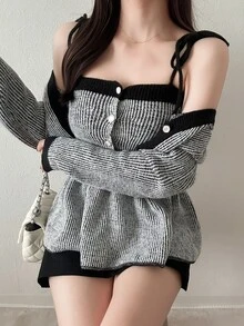 FRIFUL Women's Button Long Sleeve Contrast Color Sweater And Knit Dress 2 Pieces Set Brunch Black And White Striped Fall French Elegant Everyday Date Winter - Grey - View 4