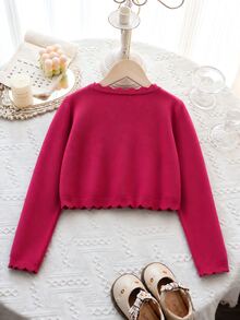 SHEIN Elladie kids Girls' Cardigan With Ruffle Trim, Simple Fashionable Versatile Knit Shawl Cardigan - Hot Pink - View 2