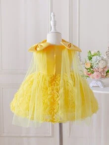 SHEIN Glamorique Kids 女嬰軟黃色薄紗洋裝，附3D花朵刺繡與可拆式蝴蝶結，適合1歲生日派對、花童、婚禮，夏季可愛款 - 黃色 - 查看 5