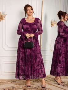 Modelyn Elegant Mesh Flocked Print Ruffle Square Neck Long Sleeve Cinched Waist A-Line Regular Fit Plus Size Dress For Spring And Autumn - Red Violet - View 6
