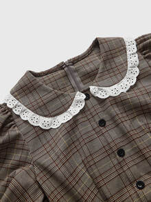 Sweetness Autumn/Winter Kawaii Vintage Plaid Peter Pan Collar Full Skirt Mini Dress For Women - Coffee Brown - View 3