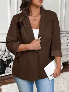 SHEIN LUNE Jaket Blazer Kasual Wanita Ukuran Besar Warna Polos Kerah Berlengan 3/4 untuk Beraktivitas di Luar Rumah - Chocolate Brown - View 6