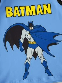 BATMAN X SHEIN 小男孩字母卡通印花休閒日常上衣短褲套裝 - 藍色 - 查看 4