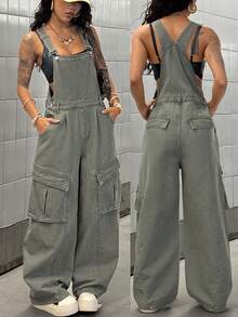 SHEIN Unity Overall Kargo Kaki Lebar Gaya Streetwear Kasual Musim Gugur Denim Abu-abu Muda untuk Pergi Keluar Sehari-hari Bepergian Jumpsuit Nyaman untuk Wanita - Hijau Tentara - View 1