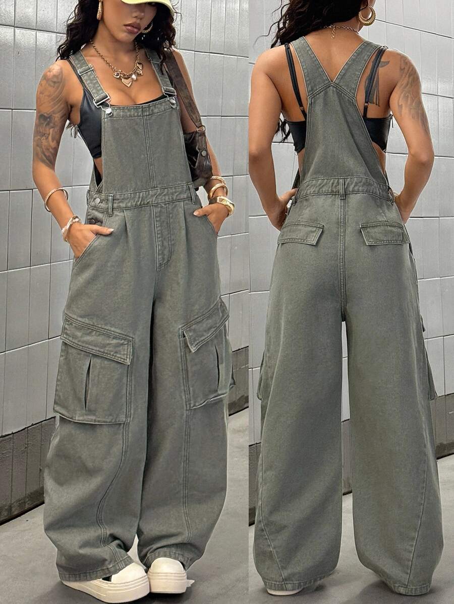 SHEIN Unity Overall Kargo Kaki Lebar Gaya Streetwear Kasual Musim Gugur Denim Abu-abu Muda untuk Pergi Keluar Sehari-hari Bepergian Jumpsuit Nyaman untuk Wanita - Hijau Tentara - View 1