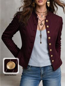 Solivie Women's Autumn Fashion Striped Jacket - Burgundy - View 7