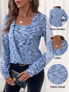 Editum Women's Elegant Pink Waffle Pattern Square Neck Sports Pullover Sweatshirt In Fall/Winter - Blue - View 1