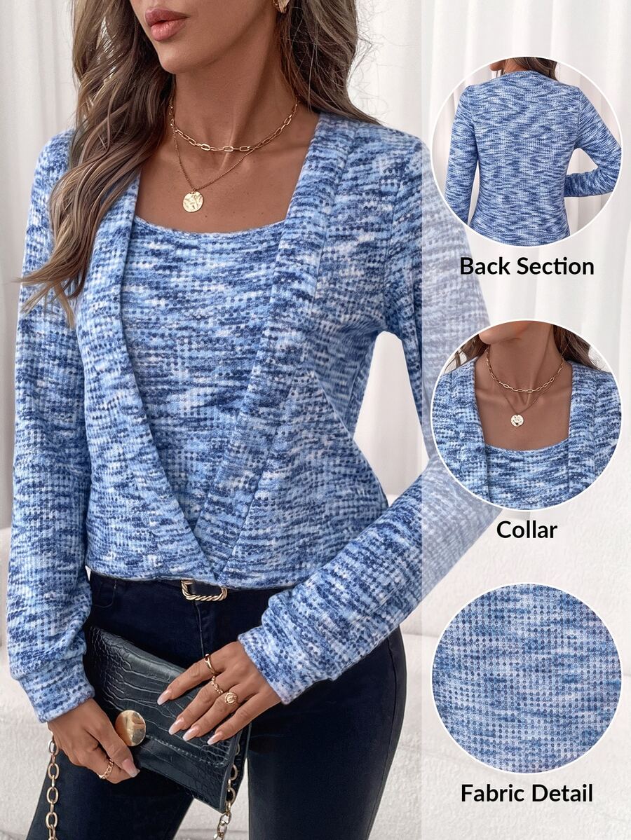 Editum Women's Elegant Pink Waffle Pattern Square Neck Sports Pullover Sweatshirt In Fall/Winter - Blue - View 1