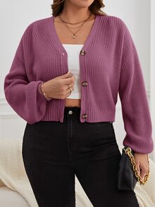 SHEIN Essnce 大尺碼極簡復古單排扣長袖針織開襟衫 - 紫色 - 查看 1