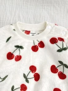 SHEIN 新生兒櫻桃圖案長袖衛衣與長褲休閒套裝 - 卡其色 - 查看 8