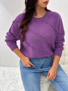 CosyJoli Women's Plus Size Round Neck Side Frayed Design Loose Casual Comfortable Pullover Sweater - Purple - View 9