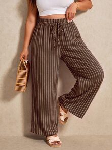 Elaquor Plus Size Women's Striped Casual Daily Wear Long Pants - Coffee Brown - View 6