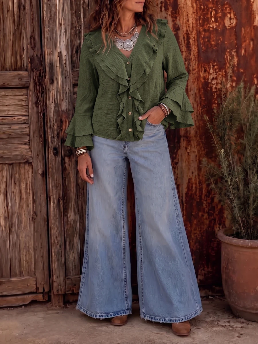 Linhara CURVE Plus Size Women's Woven Regular Fit Autumn/Winter American Vintage Western Style Casual Commute V-Neck Double Layer Ruffle Bell Sleeve Loose Relaxed Slouchy Distressed Gray Green Shirt - Green - View 1