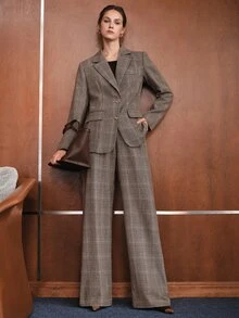 Anewsta Autumn/Winter New Fashion Casual Versatile Retro Plaid Waist-Cinching Blazer With Fitted Metal Button Straight Leg Suit Pants Set - Multicolor - View 4