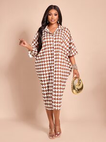 Brilight Houndstooth Print Shirt DressFront Back Twist Knot Loose Midi Dress For Vacation Brunch Casual Stree - Brown - View 6