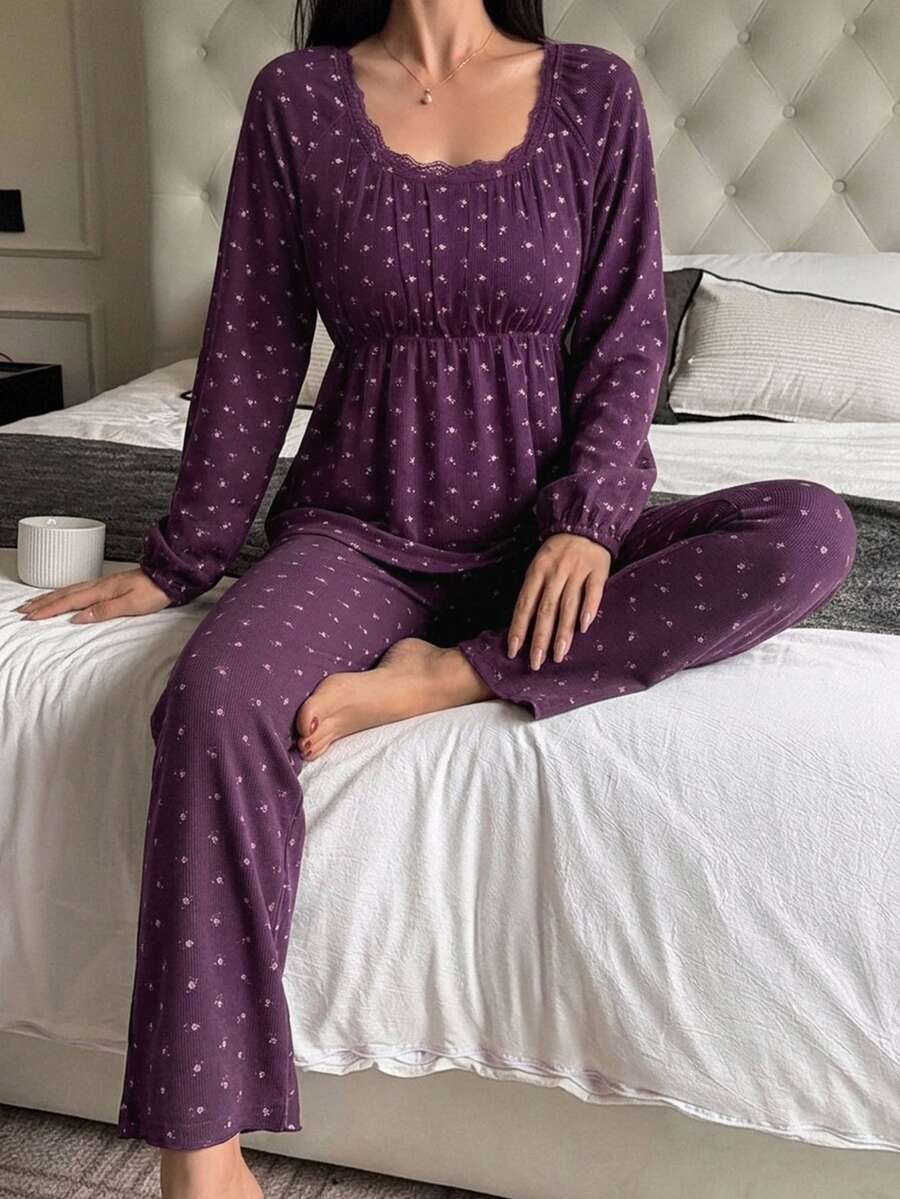 DAZY 2pcs/Set Sweet Ditsy Floral Sleeveless Tank Top & Slim Fit Ankle Pants, Women's Pajama Set For Spring/Summer - Red Violet - View 1