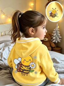 (1 Pc) Baby Girls Fall Winter Cute Bee & Flower Yellow Sweatshirt Hooded Sweatshirt Striped Contrast Color - Multicolor - View 1