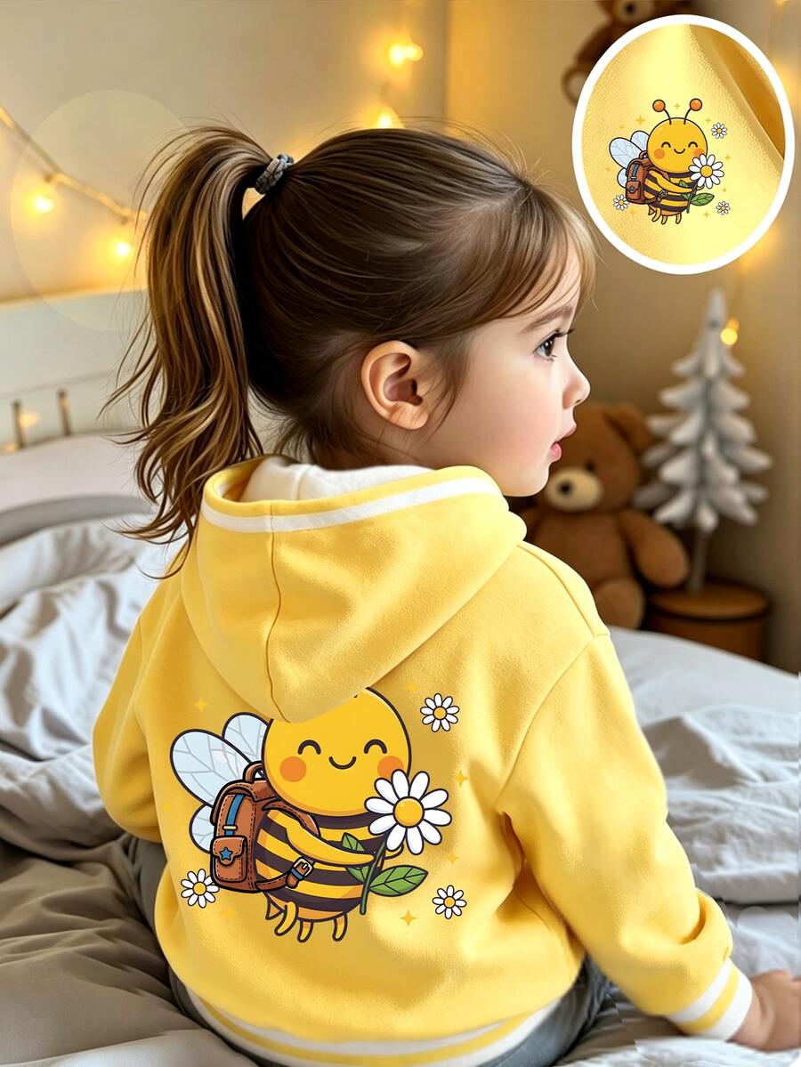 (1 Pc) Baby Girls Fall Winter Cute Bee & Flower Yellow Sweatshirt Hooded Sweatshirt Striped Contrast Color - Multicolor - View 1