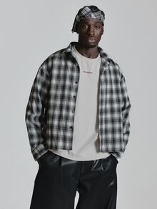 Musero Oversized Drop Shoulder Check Flannel Shirt Button Fastening Autum Winter Essentials - Black and White - View 3