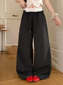 DAZY Women's Lace Patchwork Drawstring Waist Loose Fit Long Pants - Black - View 5