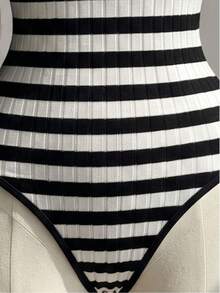 Fine & Folde Women's Striped Casual Daily Long Sleeve Bodysuit - Black and White - View 5