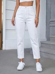 SHEIN CURVE+ Plus Size Women's Casual High Waist Denim Mom Jeans With Pockets, Cropped Length - White - View 7