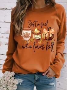 EMERY ROSE Pumpkin Spice Autumn Printed Casual Plus Size Long Sleeve T-Shirt - Brown - View 1