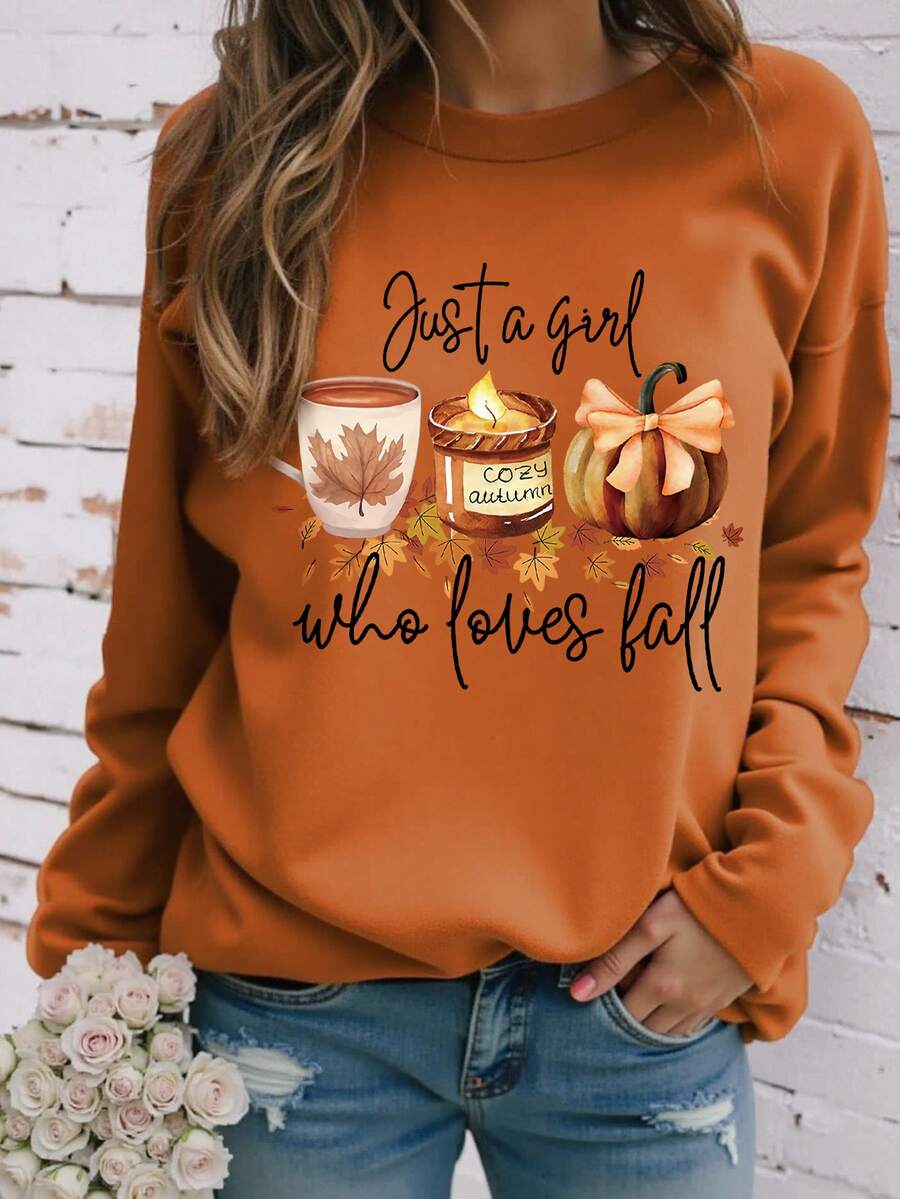 EMERY ROSE Pumpkin Spice Autumn Printed Casual Plus Size Long Sleeve T-Shirt - Brown - View 1