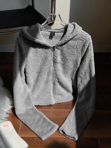 SHEIN EZwear 女款休閒舒適灰色連帽長袖外套 - 灰色 - 查看 5