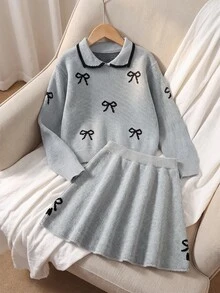 SHEIN 少女 2 件組秋冬毛衣套裝，可愛甜美彼得潘領蝴蝶結圖案粗針織長袖套頭上衣，百搭直筒開衩下擺裙 - 灰色 - 查看 5