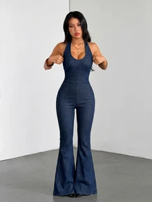 Flexra Festival Plus Size Women's Blue Stretch Sexy Tight Halter Neck Denim Jumpsuit - Dark Wash - View 6