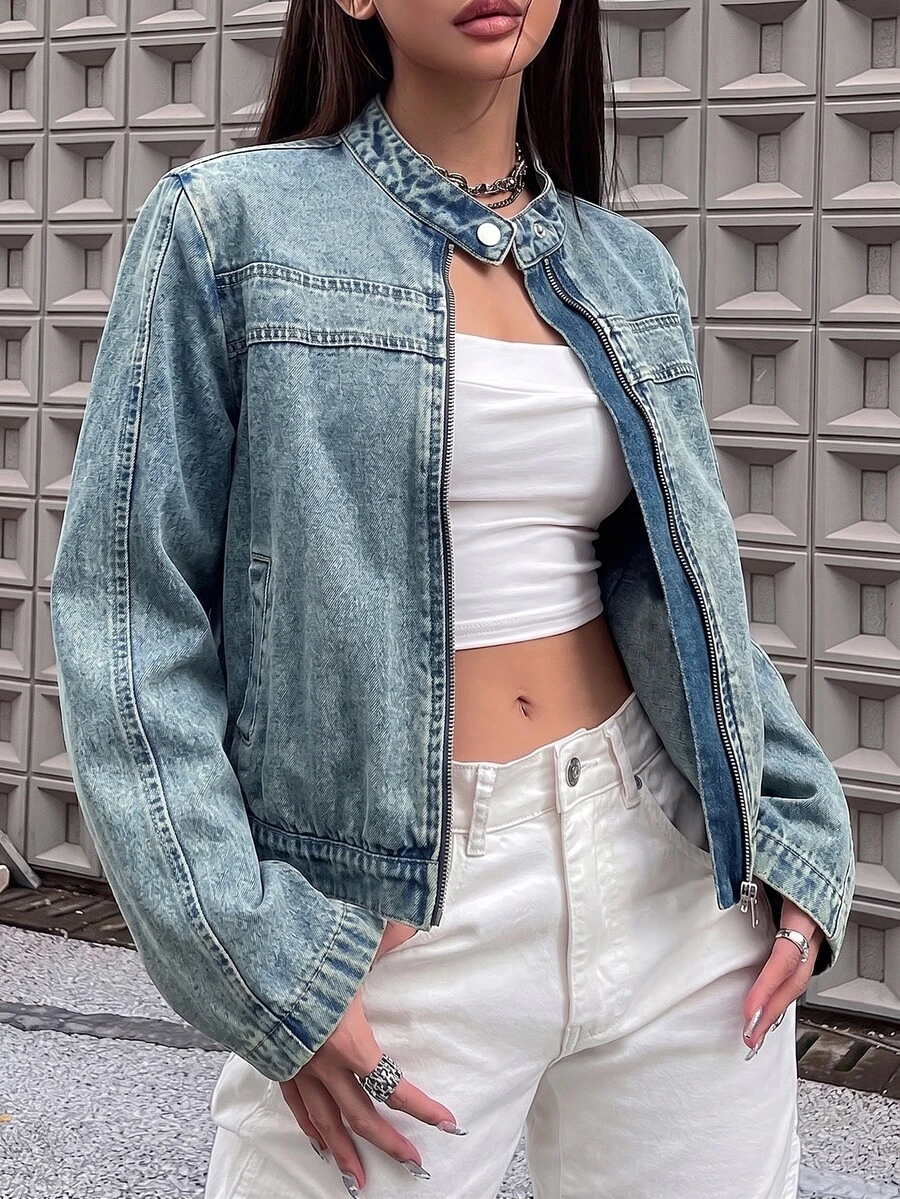 Jeanoix Y2K Women's Fashion Small Stand Collar Zipper Vintage Washed Denim Jacket - Medium Wash - View 1