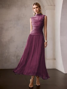 MOTF PREMIUM FRENCH STYLE SLEEVELESS HIGH NECK RUCHED CINCHED WAIST LONG DRESS FOR WOMEN - Red Violet - View 3
