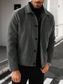 Manfinity Homme Men's Mature Casual Solid Color Wool Blend Plus Size Jacket, Perfect Holiday Gift Choice - Dark Grey - View 5