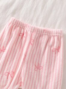 2pcs Baby Girl Soft Fluffy Pink Fleece Striped Bow & Heart Pattern Lapel Front Closure Long Sleeve Pants Pajama Set - Pink - View 4