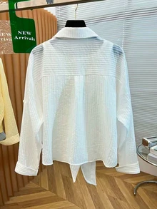 Resyla New Women's Plus Size Casual Loose Slimming Concealing Long Sleeve Collared Shirt - White - View 2