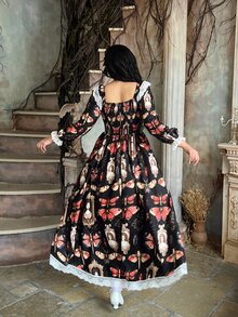 Lyrianda Plus Size Vintage Court Style Butterfly Print Dress Fall - Multicolor - View 3