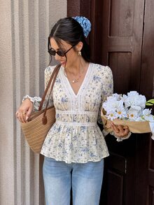Serisse Women's Floral Contrast Lace V-Neck Long Sleeve Fashion Blouse - Apricot - View 1