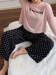 Dazy Plus Korean Style Letter Print Loose Pink Top And Polka Dot Pants 2-Piece Pajama Set, Spring Summer Autumn - Pink - View 5