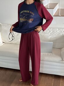 DAZY Women's Letter Print Colorblock Top And Pants Pajama Set - Multicolor - View 1