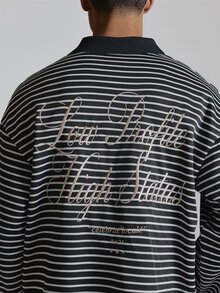 Musero Long Sleeve Stripe CrewNeck Top In Crop Length With Distressed Stripe Contarst Neckline Drop Shoulder Autum Winter Essentials - Black and White - View 6