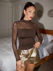 Lavishia Sexy Fitted Sheer Mesh Stand Collar Top - Brown - View 4