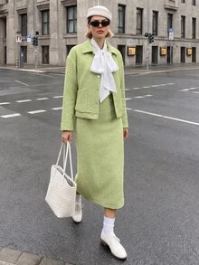 Struktiv Casual Elegant Button Jacket + Skirt Chenille Jacquard Green 2 Pieces Set - Green - View 1