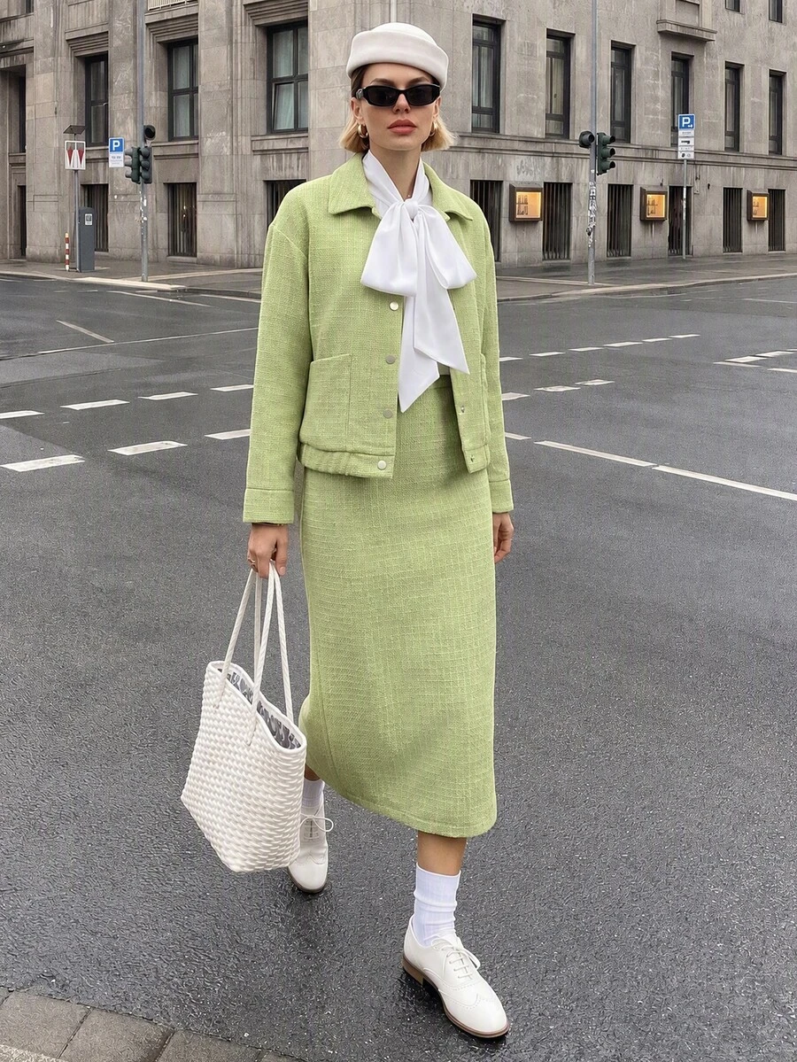 Struktiv Casual Elegant Button Jacket + Skirt Chenille Jacquard Green 2 Pieces Set - Green - View 1