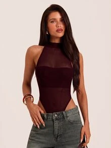 SHEIN BAE 春夏純黑色掛脖高領半透網紗拼接縮褶下擺高開衩連身衣，性感辣妹修身透視內層連身衣，適合外搭層次穿搭、夜店穿搭、約會之夜內搭、居家穿著，小眾風格 - 紫紅色 - 查看 5