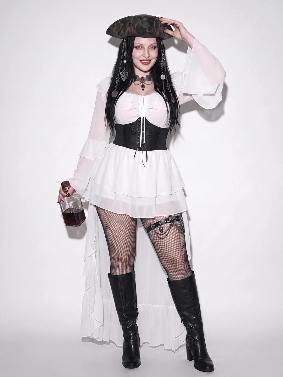 SHEIN ICON Gaun Ukuran Besar Warna Putih Hitam Kerah Persegi Depan Berkerut Pendek Belakang Panjang, Kostum Halloween Gaya Boho Gothic, Pesta Malam Gaya Kapten Istana Musim Gugur - Hitam dan Putih - View 1