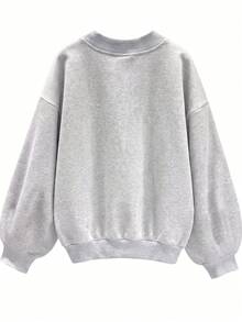 SHEIN EZwear 休閒極簡風大尺碼女款灰色V領寬鬆大版厚實運動衫，適合秋冬穿著 - 淺灰色 - 查看 2
