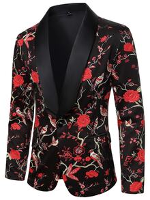 Manfinity Mode Men's Floral & Bird Digital Print Long Sleeve Jacket And Pants Suit Set - Black - View 4