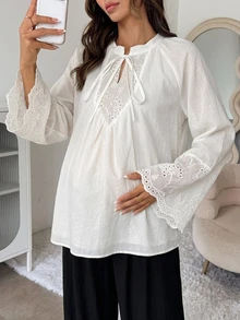 Dazy Maternity 拼接寬鬆套頭襯衫，綁帶蝴蝶結喇叭袖，休閒度假日常春秋上衣，孕婦襯衫 - 白色 - 查看 7