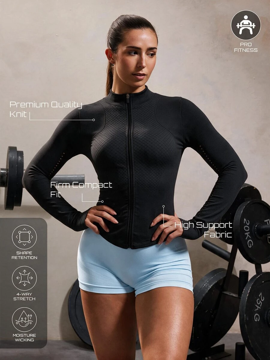 Easithlete 女款純色拉鍊休閒日常戶外運動夾克 - 黑色 - 查看 1